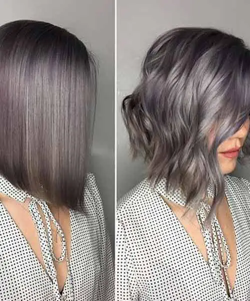Imagen antes y después de un cabello de mujer corto lacio y ondulado con color gris