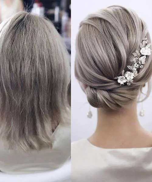 Foto antes y después de hacerse un peinado elegante para boda