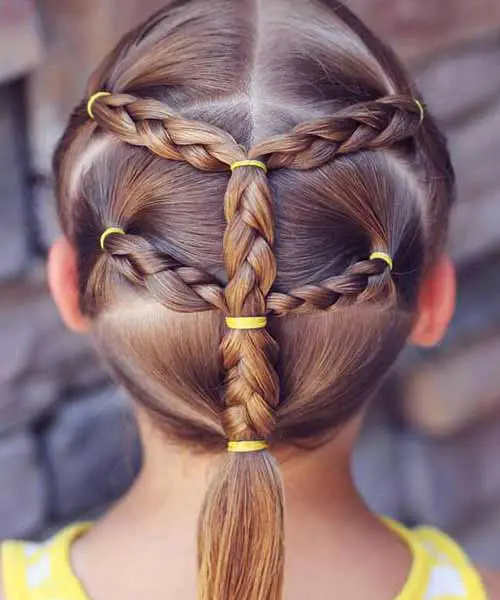 Peinado de niña creativo con varias trenzas conectadas en una trenza grande