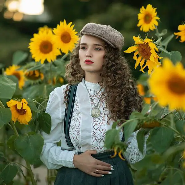 1920 en Long Curly Hair: una niña rodeada de girasoles