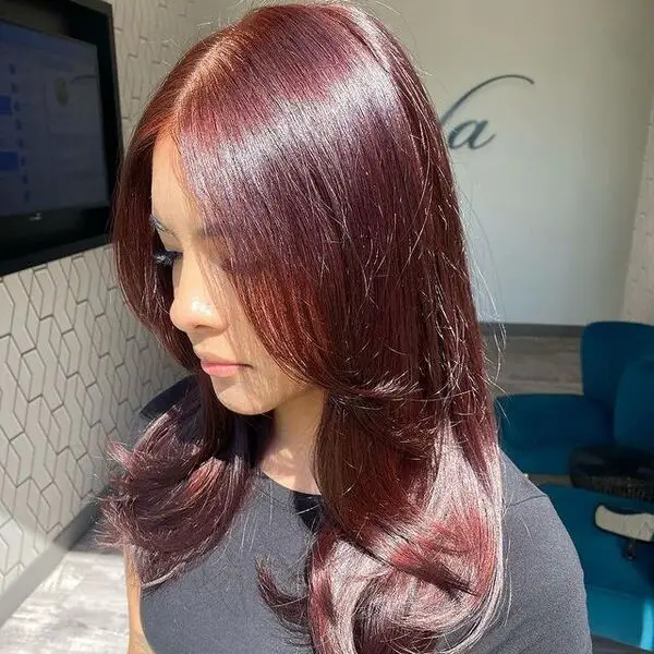 pelo rojo oscuro - una chica con una camisa gris de cuello redondo